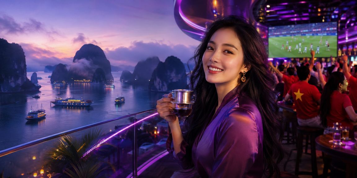 Quang cảnh vịnh Hạ Long với người dùng trải nghiệm cá cược trực tuyến và cà phê sáng