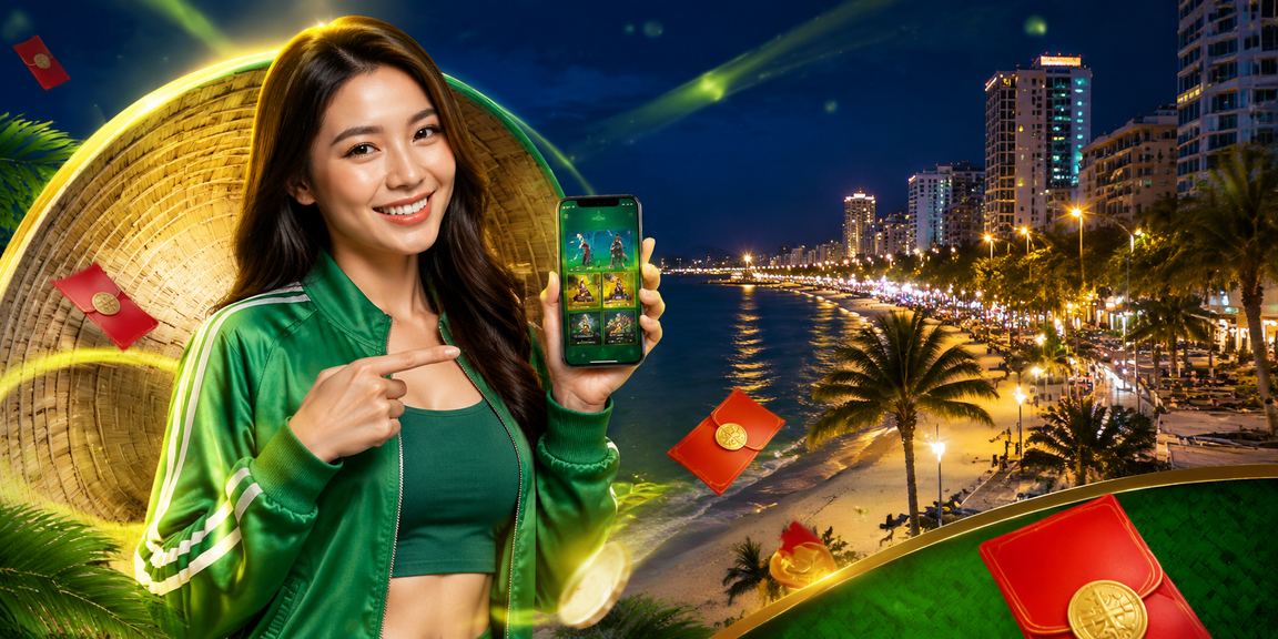 Người dùng đăng nhập tài khoản gr55 tại bãi biển Nha Trang với phong bì đỏ
